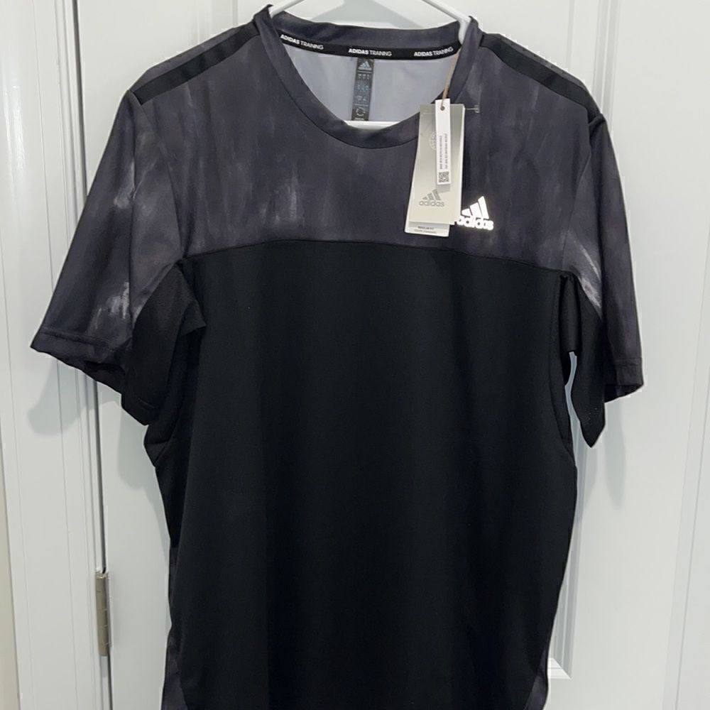New Adidas Training Tennis Black AOP camo mesh back shirt top L Regular fit